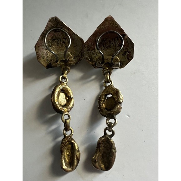 Vintage Mid Century HENRY PERICHON  Earrings Faux Turquoise  Gilt Bronze Rare - Picture 10 of 16